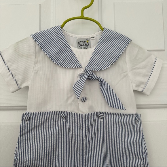 Little Diamonds Nautical Sailor Baby Boys Button-In Outfit Shorts Blue Stripe - Picture 2 of 6